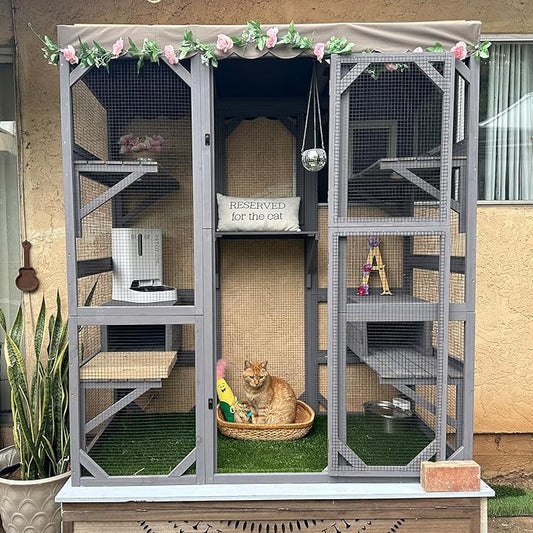 Aivituvin Cat House Outdoor Catio Kitty Enclosure with Super Large Enter Door,Wooden Cat Cage Condo Indoor Playpen with Platforms,Small House,70 Inch