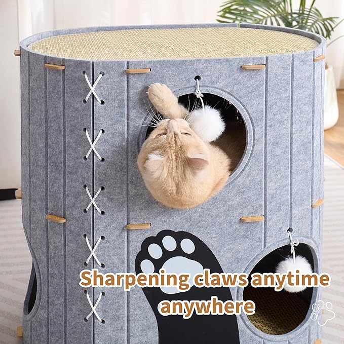 Cat House for Indoor Cats,2-Storey 23" x 15" x 23" Large Felt Covered Cat Cave for Multiple Cats,Clawsable Enclosed Cat Hideout Houses&Condos with Fluffy Ball, Cozy Scratch Resistant House