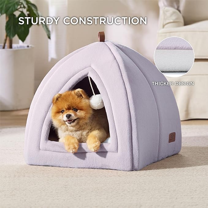 Bedsure Cat Beds for Indoor - 2 in 1 Cat Cave House Tent for Kittens and Small Pets with Removable Washable Cushioned Pillow, Foldable Kitten Hideaway with Non-Slip Bottom, Purple, 17.3 inches