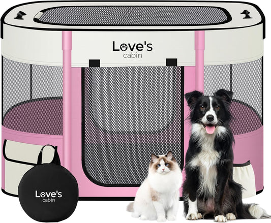Love's cabin Pet Puppy Dog Playpen, Medium Dog Tent Crates Cage Indoor/Outdoor, Portable Exercise Playpen for Cat, Foldable Pop Up Dog Kennel Playpen with Carring Case (M, Light Pink)