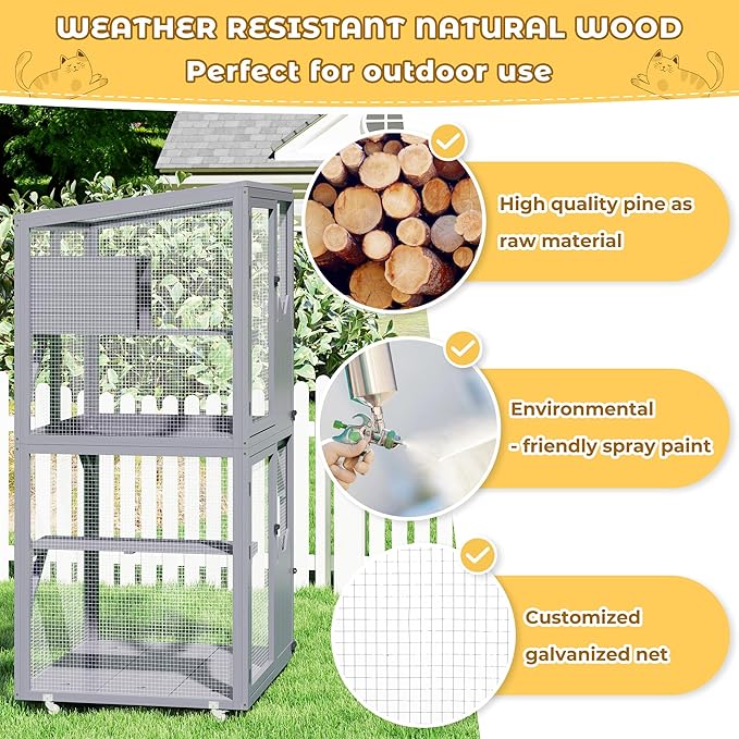 COZIWOW Catio Outdoor Cat Enclosure Window Access, Outdoor Cat House with Wheels, Cage for Cats Indoor(Grey, Medium)