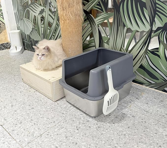 Litter Box with Lid, Stainless Steel Litter Box, 12" Metal Litter Pan High Sides, Small Litter Tray for Kittens, Cat Litter Tray Covered Grey, Easy Clean