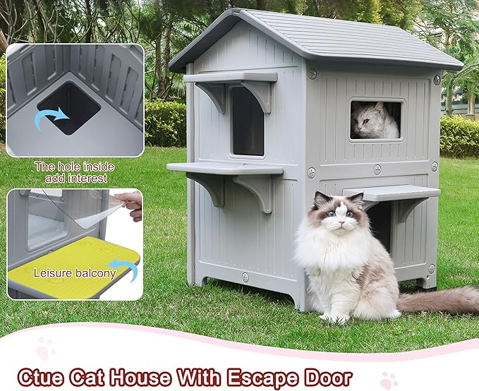 Rockever Plastic Outdoor Cat House with Soft Mat, Insulated Outdoor Cat Houses for Winter, Waterproof 2 Story Outside Cat Shelter, Clean and Assemble Easily