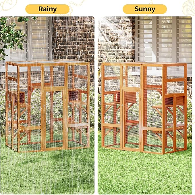 71Inches Large Wood Catio Outdoor Cat Enclosure with Perches and Condos, Cat House Indoor with Waterproof Roof, Cat Shelter 7 Platforms & 2 Resting Box, UV Resistant (Orange)