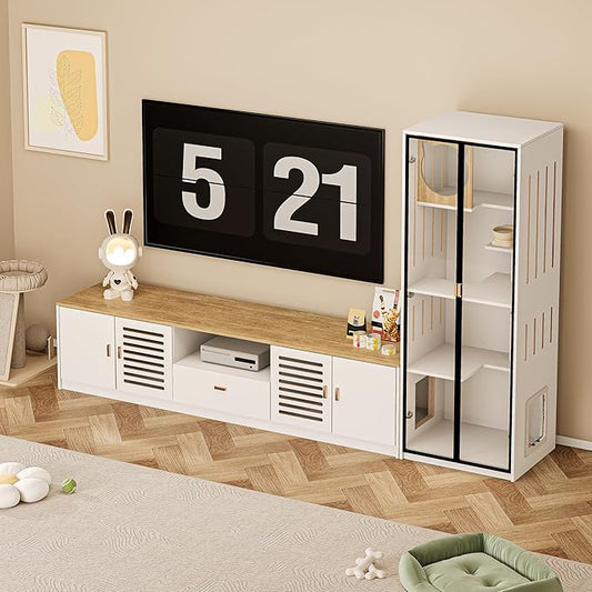 2-in-1 Cat Cabinet with Scratching Posts Litter Box Enclosure with 78.7" TV Stand Modern Cat House Scratch-Resistant for Living Room Home Office