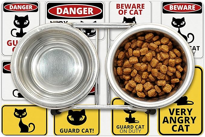 Lunarable Funny Pet Mat for Food and Water, Beware Guard Cat Signs Humorous Comic and Plates Warning Graphic, Non-Slip Rubber Mat for Dogs and Cats, 18" X 12", Yellow Red