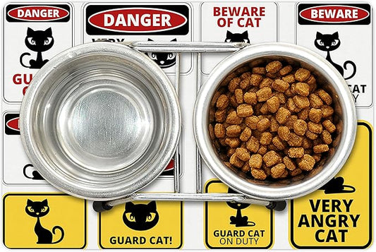 Lunarable Funny Pet Mat for Food and Water, Beware Guard Cat Signs Humorous Comic and Plates Warning Graphic, Non-Slip Rubber Mat for Dogs and Cats, 18" X 12", Yellow Red