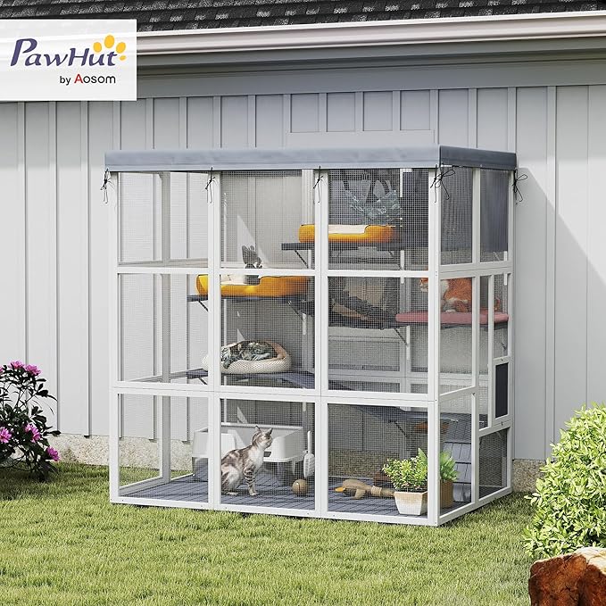 PawHut Catio Outdoor Cat Enclosure, Large Luxury Cat House Outside with Hammock, Condo, Jump Platforms, Ladders, Ramps, Tarp, Walk in Cat Cage for 2-4 Large Cats, 71"