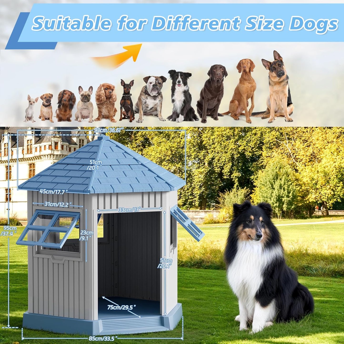 Durable Dog House Indoor Outdoor for Small Medium Dogs, Weatherproof Puppy Shelter with Elevated Floor & Air Vents, Easy Clean and Assemble (Blue, 36.61L*29.5W*37.4H)