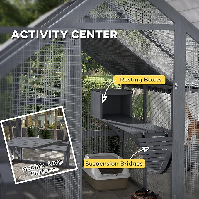 PawHut Large Catio Outdoor Cat Enclosure for Multiple Kittens, Wooden Cat House with Waterproof Cover, Walk in Kitty Cage Kennel with 2 Condos, 6 Platforms, Bridge, Doors, 110" x 73" x 74", Gray