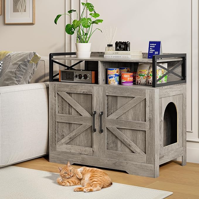 Cat Litter Box Enclosure Furniture - Hidden Litter Box Cabinet with Scratch Pad & Odor Control | Farmhouse Style End Table for Cats | Discreet Cat Washroom for Living Room & Bedroom Grey