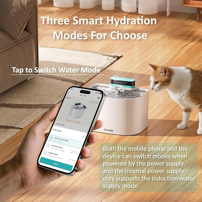 PET LAYSON Pumpless Cat Water Fountain, App Remote Control Smart Cordless Rechargeable Battery Operated, 3.6L/122oz 2.4G Wi-Fi Dog Water Dispenser 2 Filters,2 Nozzles(White, M1 Pro)