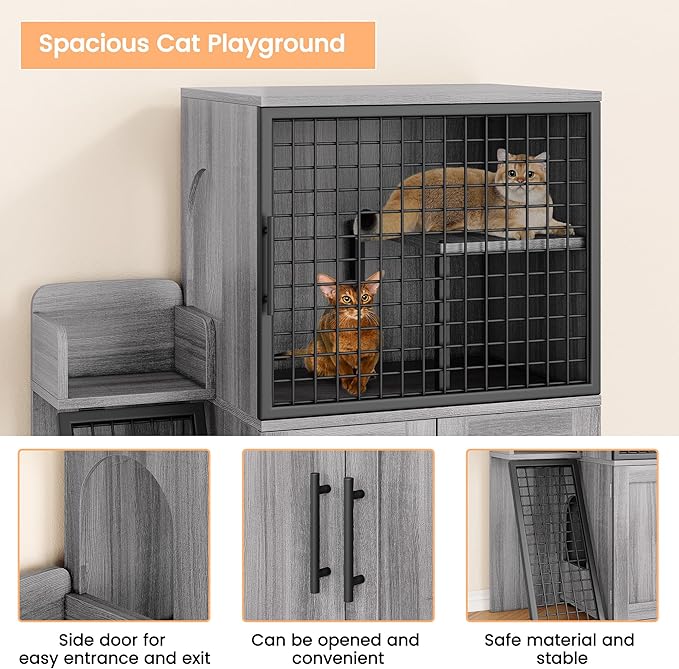 Cat Litter Box Furniture, Modern Cat Cabinet with Side Door, Double Layer Hidden Litter Box Enclosure & Pet House, Villa Style Cabinet with Side Door and Ladder for Indoor Cats
