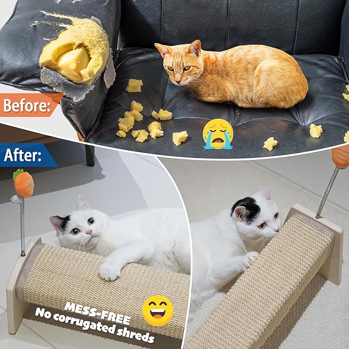 PETKARAY Horizontal Scratching Post, 30" Sisal Cat Scratch Pad, Large Floor Mounted Cat Scratcher with Spring Toy, Protect Furniture for Indoor Kitten