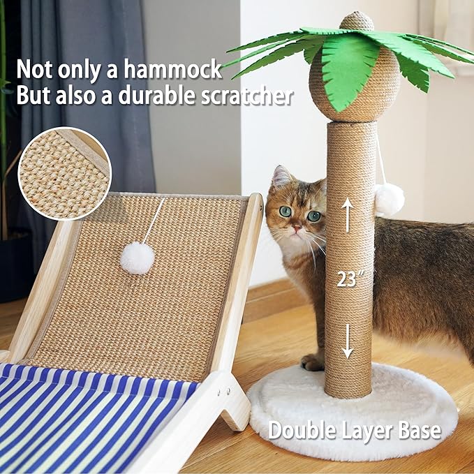 PETKARAY Cat Hammock with Coconut Palm Tree Scratching Post, Cozy Beach Chair Elevated Cat Beds, Original Lounger for Indoor Cats