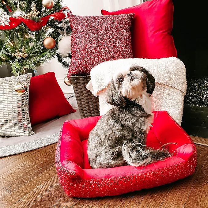 Pet Bed, Sparkling Rhinestones, Soft, Comfortable Velvet, for Lounging Dogs, Cats, Pets, Red, Large, Sold Individually