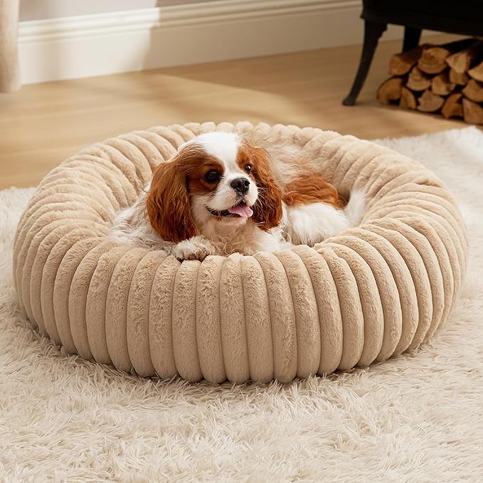 Bedsure Medium Dog Bed - Washable Faux Fur with Corduroy Fleece & Anti Slip Bottom, Round Pet Bed with Removable Cover, Sandy Tan, 30x30x8 inches
