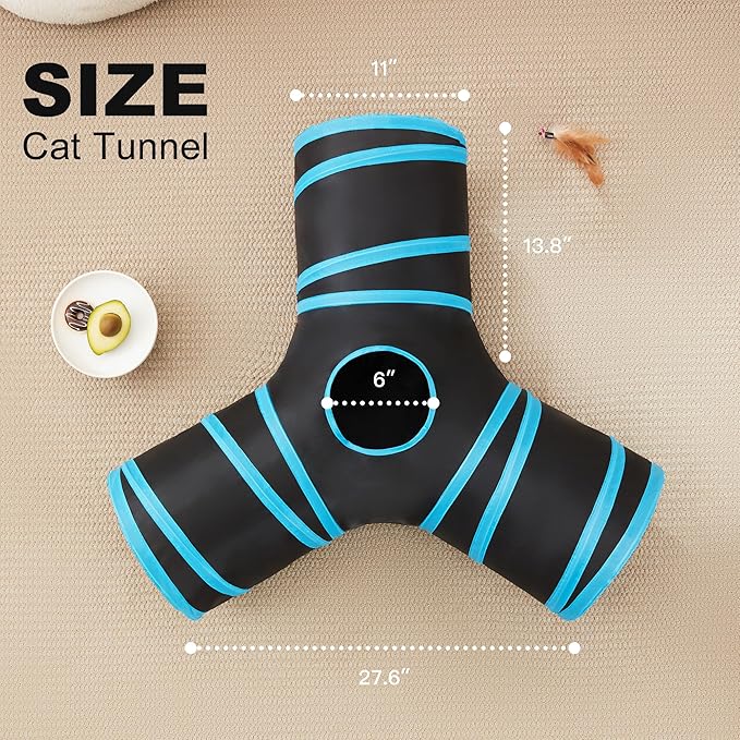 Love's cabin Cat Tunnel Tube Toys 3 Way Collapsible, Cat Tunnels for Indoor Cats，Kitten Tunnel Bored Pet Play Tunnel with Peek Hole Toy Ball for Kitty, Kitten, Rabbit, Puppy Blue