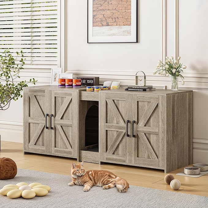 Litter Box Enclosure for 2 Cats, Hidden Litter Box Furniture with Double Rooms, Cat Bed, PVC Pad and Scratch Pad, Grey