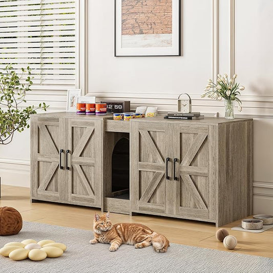 Litter Box Enclosure for 2 Cats, Hidden Litter Box Furniture with Double Rooms, Cat Bed, PVC Pad and Scratch Pad, Grey