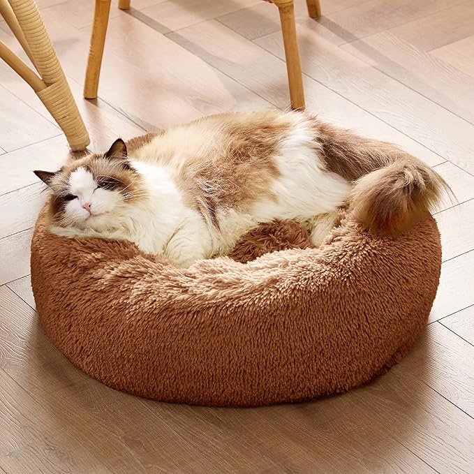 Bedsure Calming Cat Beds for Indoor Cats - Small Cat Bed Washable 20 inches, Anti-Slip Round Fluffy Plush Faux Fur Pet Bed, Fits up to 15 lbs Pets, Caramel