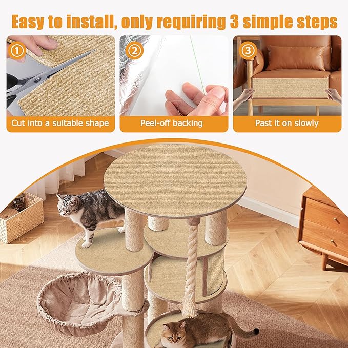 Cat Scratching mat Self-Adhesive, Trimmable Furniture Protector for Couch, Sofa, Wall & Cat Trees - Durable Scratch Pad with Nano Tape, DIY Climbing Carpet for Indoor Cats (Khaki, 78.7"x15.8")