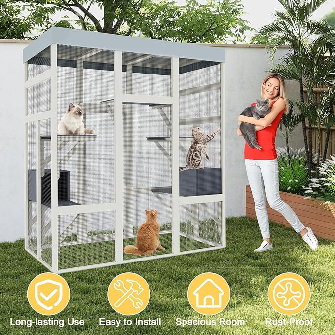 70inch Catio Outdoor Cat Enclosure, Outdoor Catio Condo Enclosure, Wooden Cats Cage, Large Outside Cats House Weatherproof with 5 Platforms and 2 Resting Boxes.