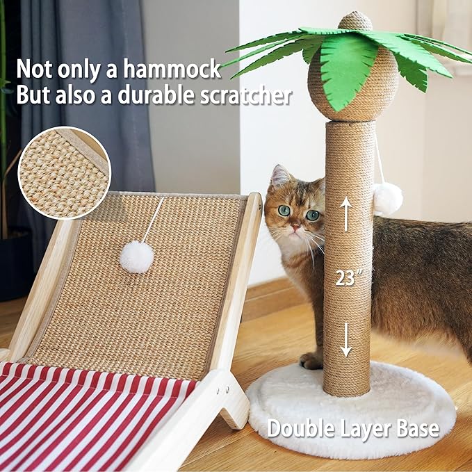PETKARAY Cat Hammock with Coconut Palm Tree Scratching Post, Cozy Beach Chair Elevated Cat Beds, Original Lounger for Indoor Cats