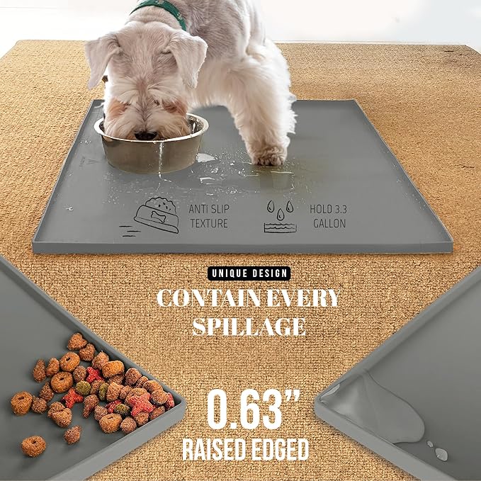 AVERYDAY 18x10'' Silicone Dog Mat for Food and Water, 0.63'' Edge Dog Food Bowl Mats for Floor Waterproof, Dogs Water Mat for Sloppy Drinker, Non Slip Rubber Pet Feeding Mats for Indoor Dogs and Cats