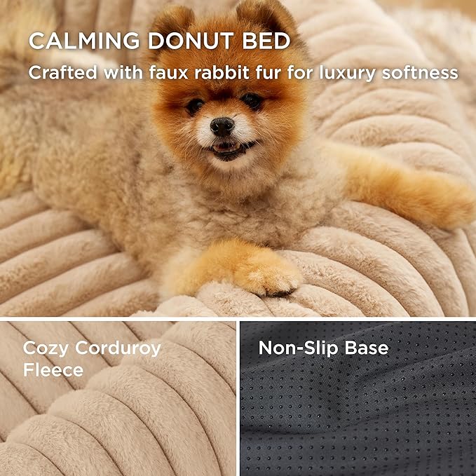 Bedsure Medium Dog Bed - Washable Faux Fur with Corduroy Fleece & Anti Slip Bottom, Round Pet Bed with Removable Cover, Sandy Tan, 30x30x8 inches