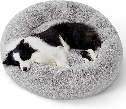 Bedsure Calming Dog Bed for Large Dogs - Donut Washable Large Pet Bed, 36 inches Anti-Slip Round Fluffy Plush Faux Fur Dog Bed, Fits up to 80 lbs Pets, Pale Grey