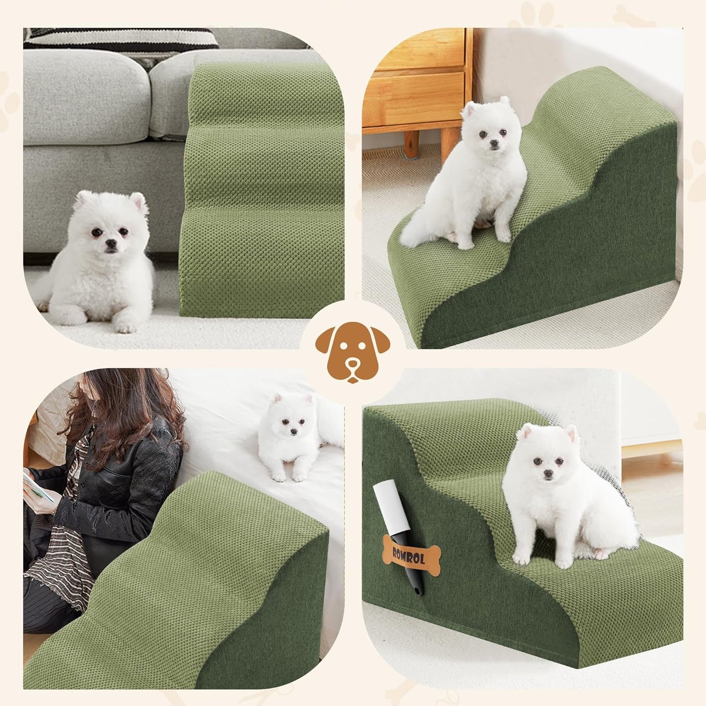 Romrol Dog Stairs Ramp for High Beds Couches, High Density Foam Pet Steps with Durable Non-Slip Waterproof Fabric Cover, Dog Stairs for Small Dogs or Cats or Pets, 3-Step,15 Inch,Green