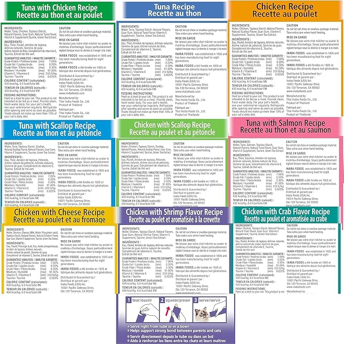 INABA Churu Cat Treats, Grain-Free, Lickable, Squeezable Creamy Purée Cat Treat/Topper with Vitamin E & Taurine, 0.5 Ounces Each Tube, 72 Tubes (4 per Pack), 9 Flavor Variety