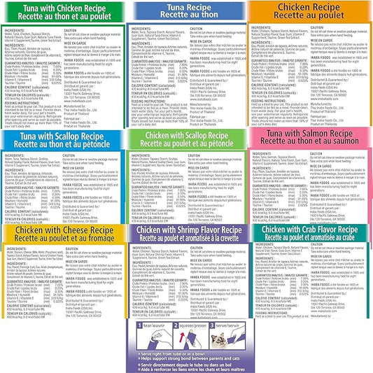 INABA Churu Cat Treats, Grain-Free, Lickable, Squeezable Creamy Purée Cat Treat/Topper with Vitamin E & Taurine, 0.5 Ounces Each Tube, 72 Tubes (4 per Pack), 9 Flavor Variety