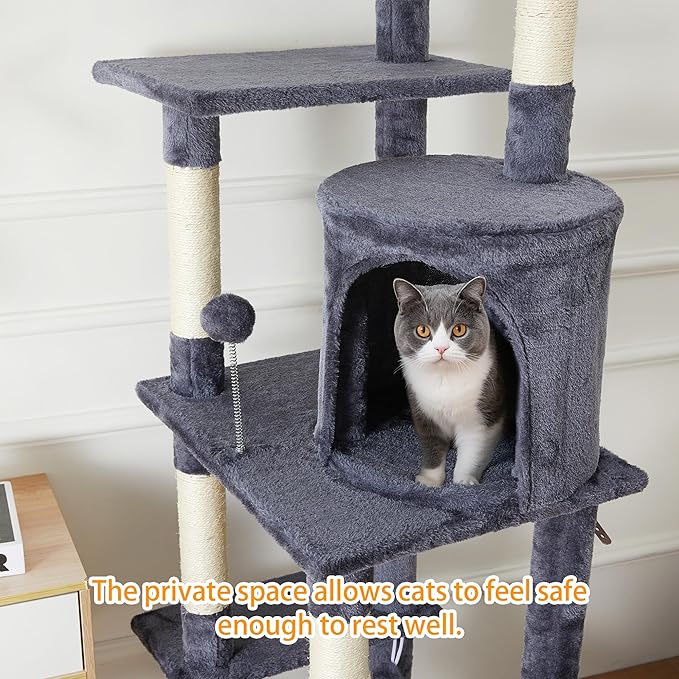 Large Cat Tree,65-inch Tall Multi-Level Cat Tower with Sisal-Covered Scratching Posts, Condo, Hammock, Dangling Ball,Grey