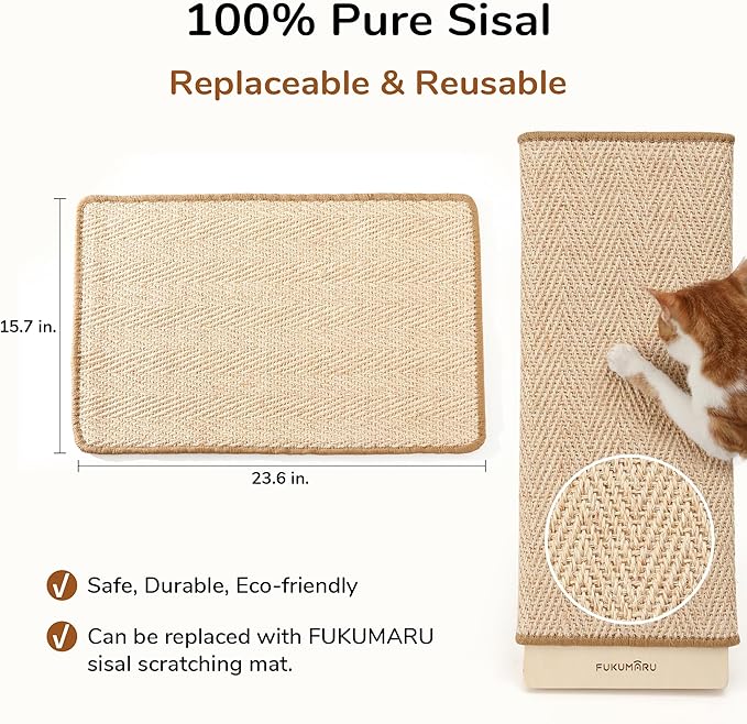 FUKUMARU Cat Scratcher, 23.66 Inch Sisal Cat Scratching Post Ramp, Replaceable Scratching Mat for Indoor Cats, Wood Frame L Shape Wall Mounted Scratch, Cats Scratch Furniture Protector for Couch Sofa