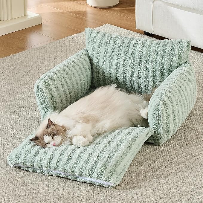 Hollypet Cat Bed Fluffy Plush Mutifuctional Double-Layer Soft Pet Couch Orthopedic Sofa Nest Beds for Small Cats and Dogs, Light Green (25x20x13 inch)
