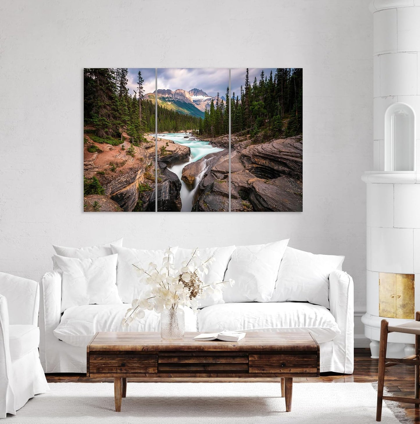 Nature Wall Art Prints - Ocean Forest Mountain Lake Canvas Landscapes - Small to Extra Large Living Room Bedroom Kitchen Bathroom Décor (Mountain River Waterfall, 39L" x 59W" - 3 Panels)