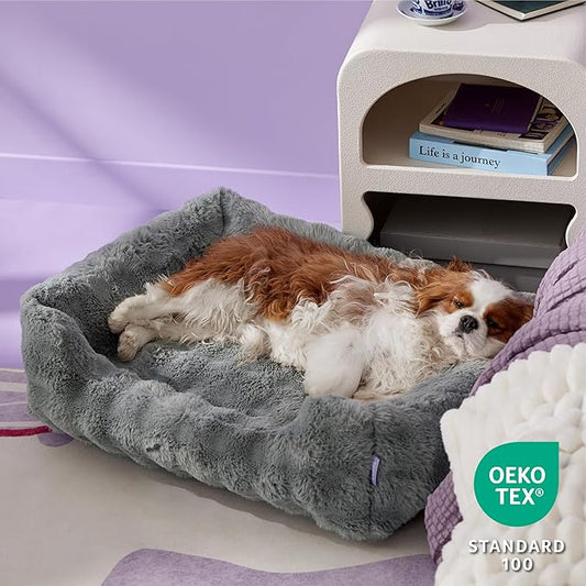 Lesure Fluffy Dog Beds for Medium Dogs - Rectangle Orthopedic Calming Pet Sofa,Plush Bubble Bolster Pet Bed with Removable Washable Cover and Nonskid Bottom,30x24x8inches,Grey