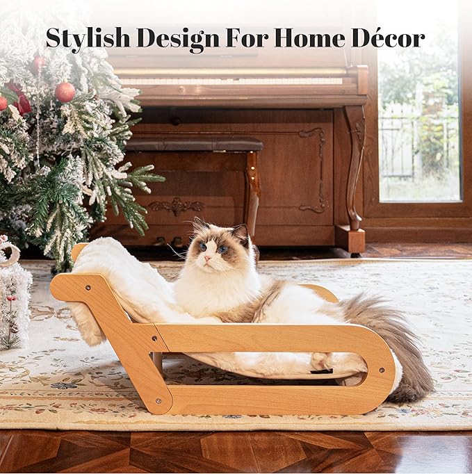 Elevated Cat Couch Bed for Indoor, Wooden Cats Sofa with Washable Fluffy Cover Raised Kitty Lounge Chair Suitable for Puppy(Cat Lounge Off-White)