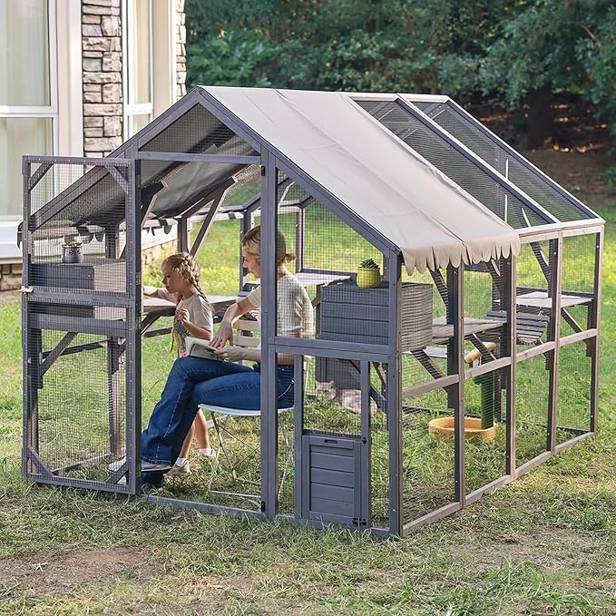 Aivituvin Catio for Multiple Cats, Large 56.54ft² Outdoor Enclosure, Weatherproof w/ 2 Bridges, 7 Trails, 2 Houses, Grey