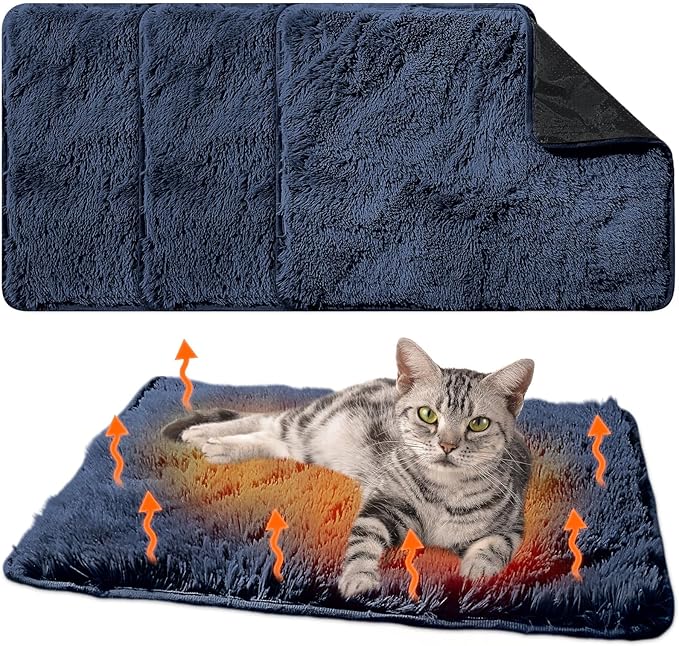 4 Pack Self Warming Cat Bed Pad Self Heating Dog Mat with Fluffy Faux Fur Plush Cat Calming Bed Thermal Mat Washable Pet Pad Anti Slip Bottom for Outdoor Indoor Pets(Navy,16" X 20")