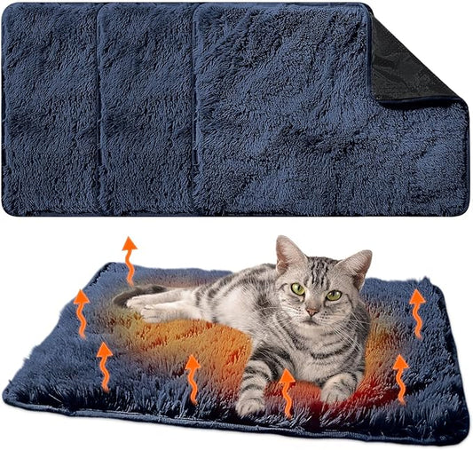 4 Pack Self Warming Cat Bed Pad Self Heating Dog Mat with Fluffy Faux Fur Plush Cat Calming Bed Thermal Mat Washable Pet Pad Anti Slip Bottom for Outdoor Indoor Pets(Navy,16" X 20")