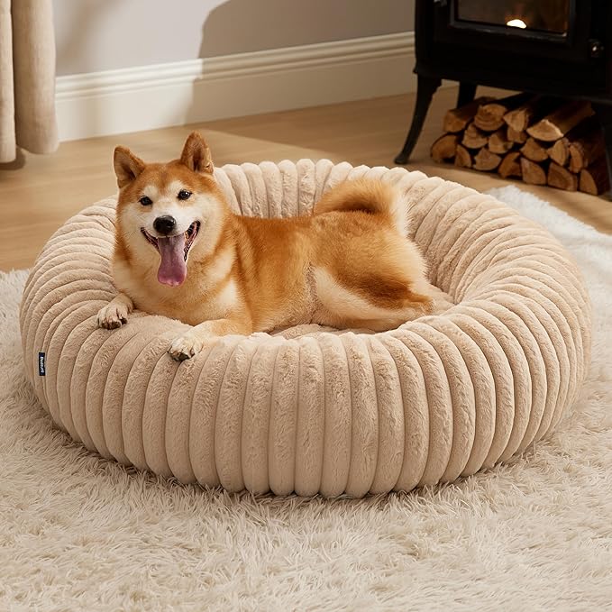 Bedsure Donut Large Dog Bed - Washable Faux Fur with Corduroy Fleece & Anti Slip Bottom, Round Pet Bed with Removable Cover, Sandy Tan, 36x36x10 inches
