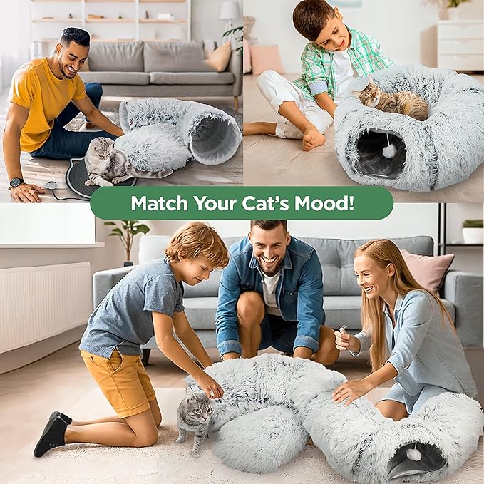 2-Pack Cat Tunnel Donut Bed and Cat Scratch Pad, Interactive Cat Tunnels for Indoor Cats, Fits Multiple Cats Up to 15 lbs, Cozy and Durable Cat Hideaway Toy for Kittens, Puppies, Rabbits (Grey)