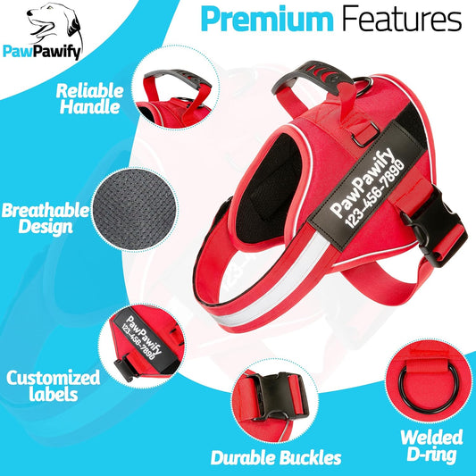 PawPawify Custom No Pull Dog Harness with Name and Phone Number, Heavy Duty Personalized Pet Vest to Prevent Tugging, Pulling, or Choking, Training and Walking (New Red, XXL (85-140 LBS))