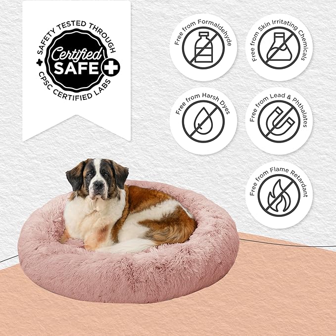 Best Friends by Sheri Original Calming Donut Dog and Cat Bed, Shag Faux Fur, Dusty Rose, XL (45in x 45in) - Anxiety Relief for Pets Up to 150 lbs
