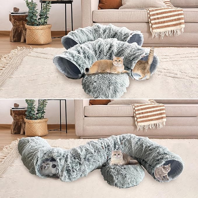 Cat Tunnel Bed with Central Mat - Soft Plush Cat Donut Tunnel, Big Tube Playground Toys, Removable and Washable Peekaboo Cat Cave, Circular Cat Tunnel for Kitten/Puppy/Rabbit, Gray