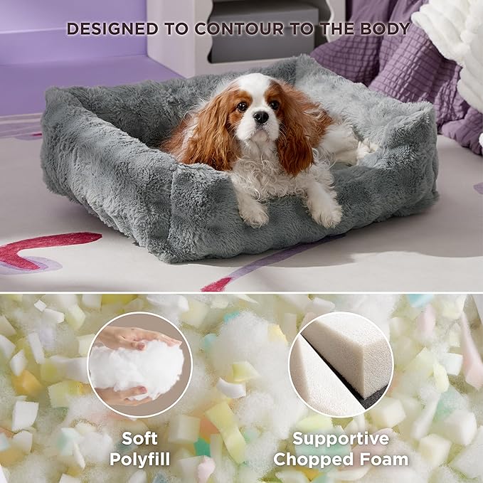 Lesure Fluffy Dog Beds for Medium Dogs - Rectangle Orthopedic Calming Pet Sofa,Plush Bubble Bolster Pet Bed with Removable Washable Cover and Nonskid Bottom,30x24x8inches,Grey