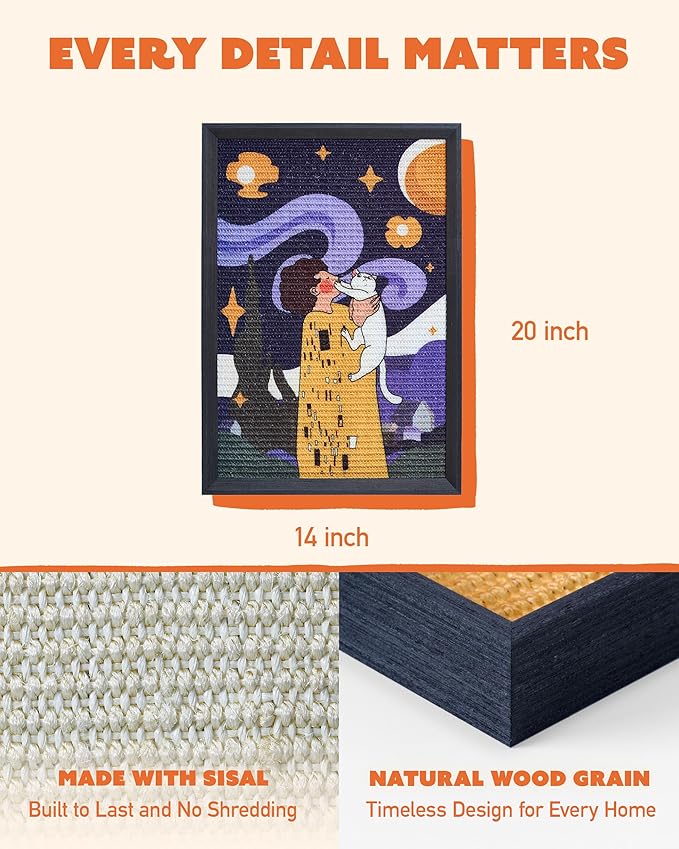 Decorative Wall Art Sisal Cat Scratcher with Vertical Mounted Setup, 14x20 Large & Durable Scratch Pad Ideal for Adult Cats with Gallery-Style Frame That Looks Like a Painting (Not The Kiss)